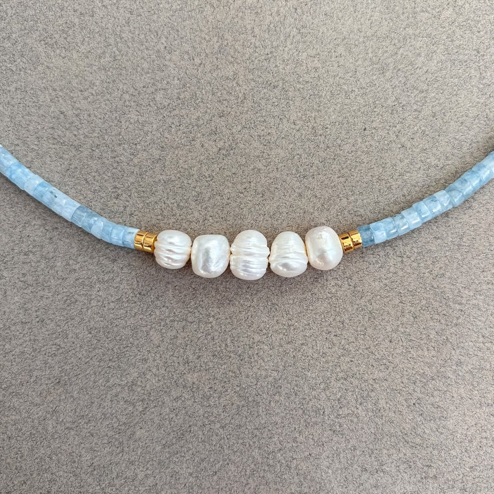 Minimal Aquamarine Turquoise and Pearl Necklace