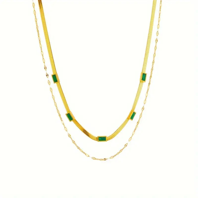 Sorella Two-Layer Retro Emerald Necklace with Gem | Gold-Tone
