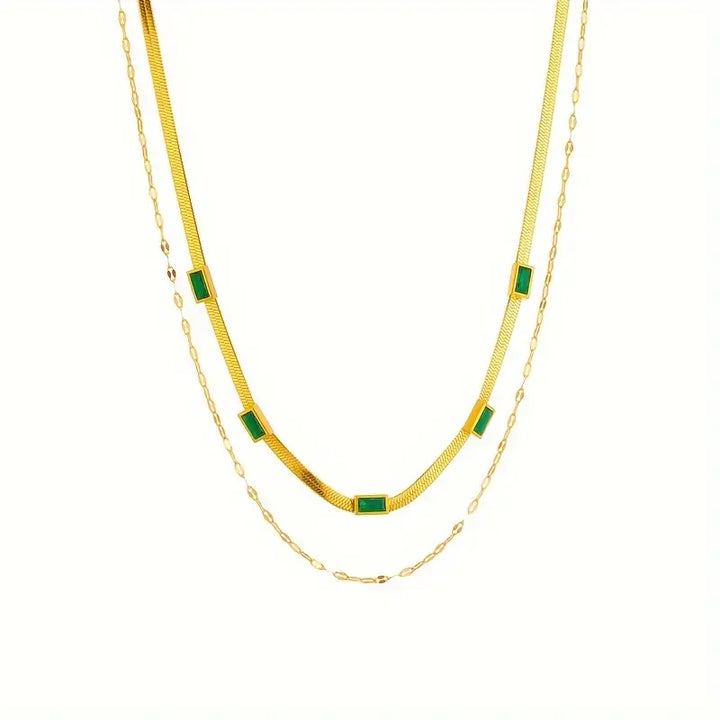 Sorella Two-Layer Retro Emerald Necklace with Gem | Gold-Tone