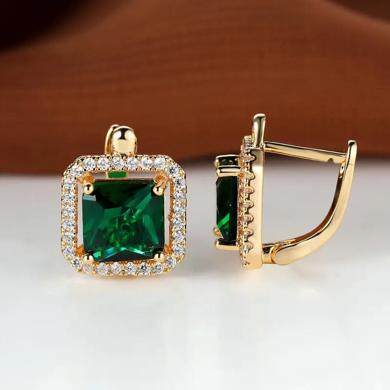 Emerald Earrings with Green Square Stones | Gold-Tone