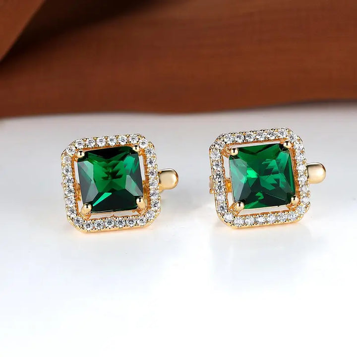 Emerald Earrings with Green Square Stones | Gold-Tone