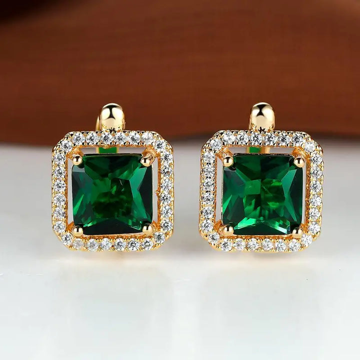 Emerald Earrings with Green Square Stones | Gold-Tone