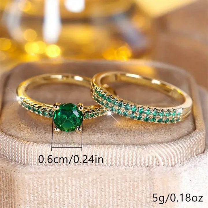 Serena Duo Ring Set with Emerald-Green Stone | Gold-Tone
