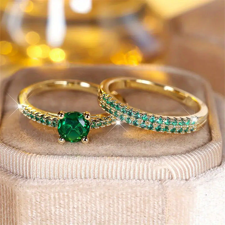 Serena Duo Ring Set with Emerald-Green Stone | Gold-Tone