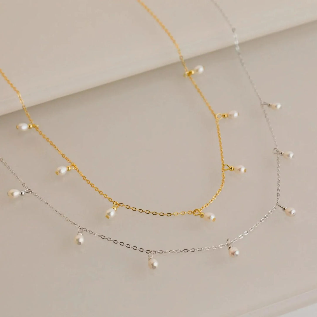 Sita Pearl Necklace, close-up while worn