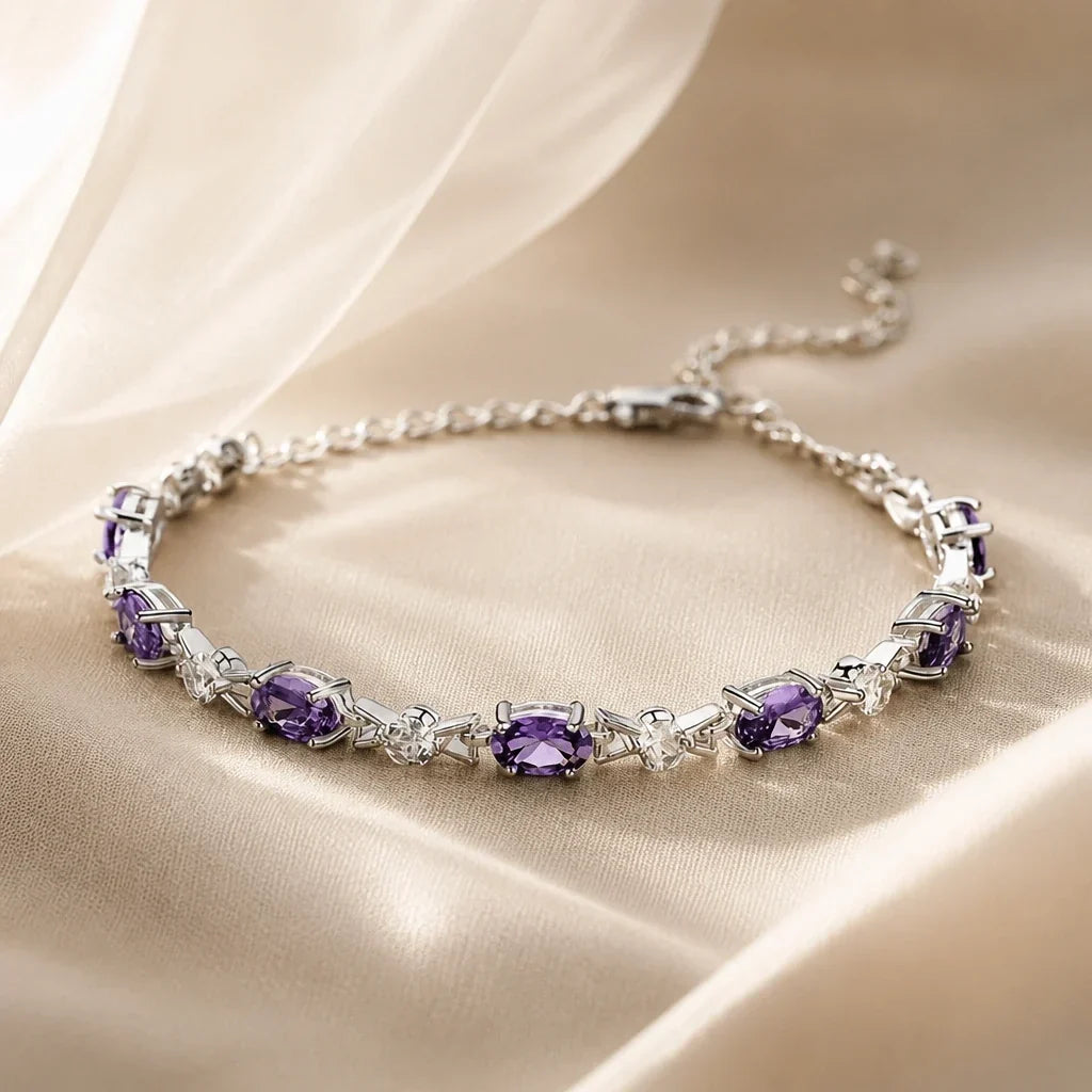 Amethyst Linked Silver-Tone Bracelet