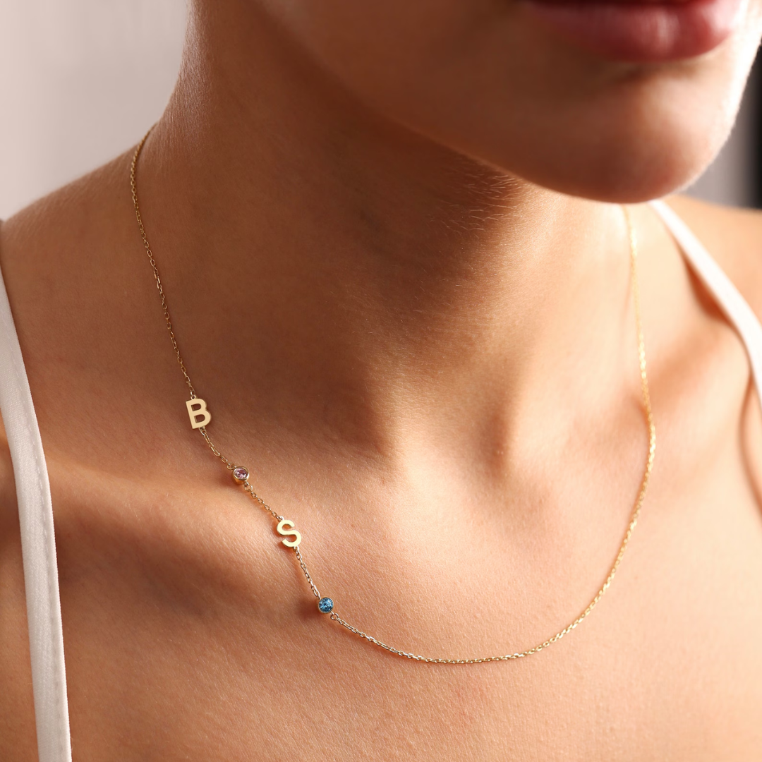 Birthstone and Initials Necklace, shown on the model
