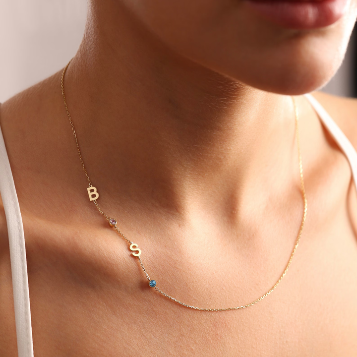 Birthstone and Initials Necklace, shown on the model