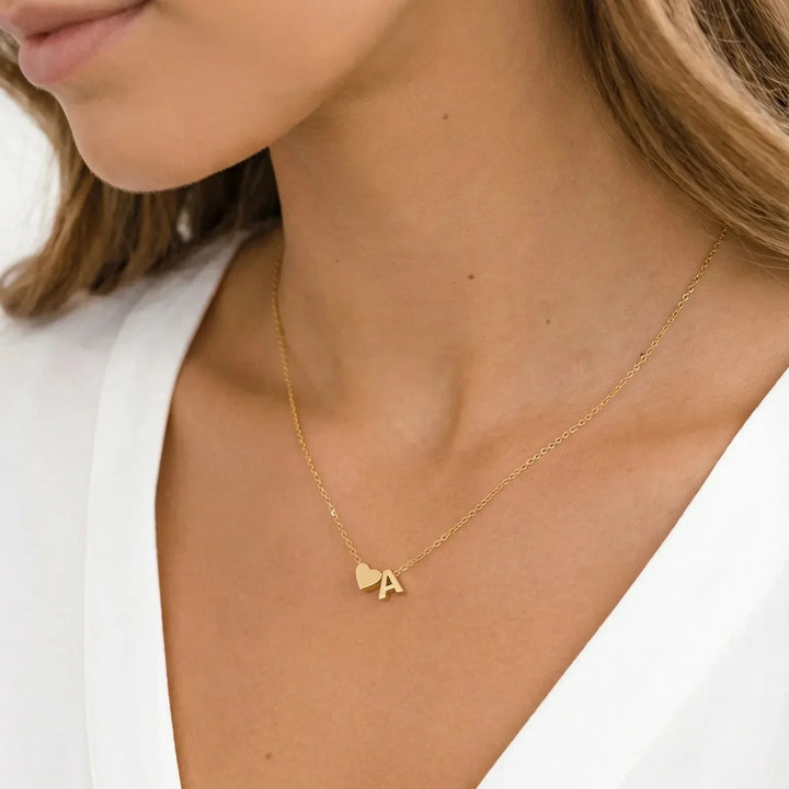Heart Initial Pendant Necklace, close-up while worn