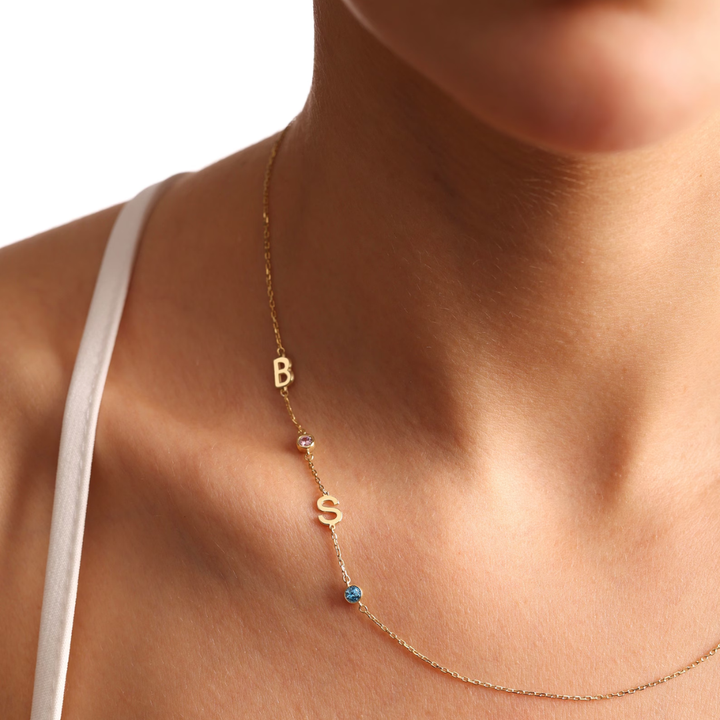 Birthstone and Initials Necklace, worn at the neckline 2