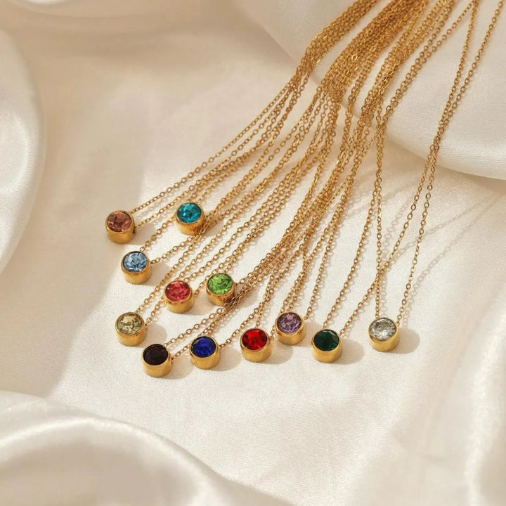 Olvera Birthstone Necklace, shown on the model