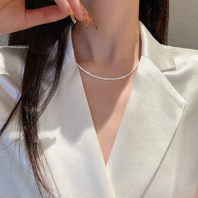 Silver Sparkling Necklace, worn at the neckline