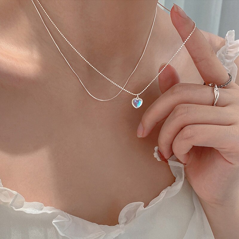 Moonstone Heart Necklace, shown on the model