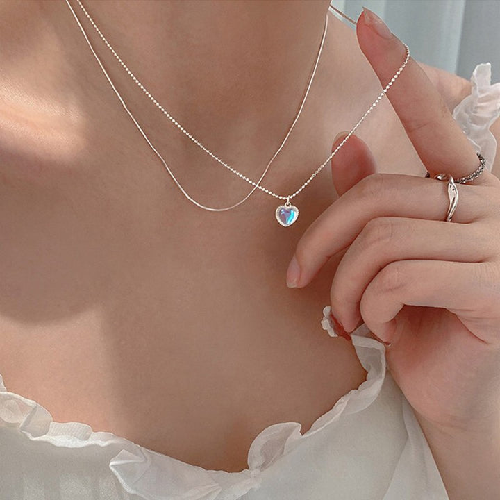 Moonstone Heart Necklace, shown on the model