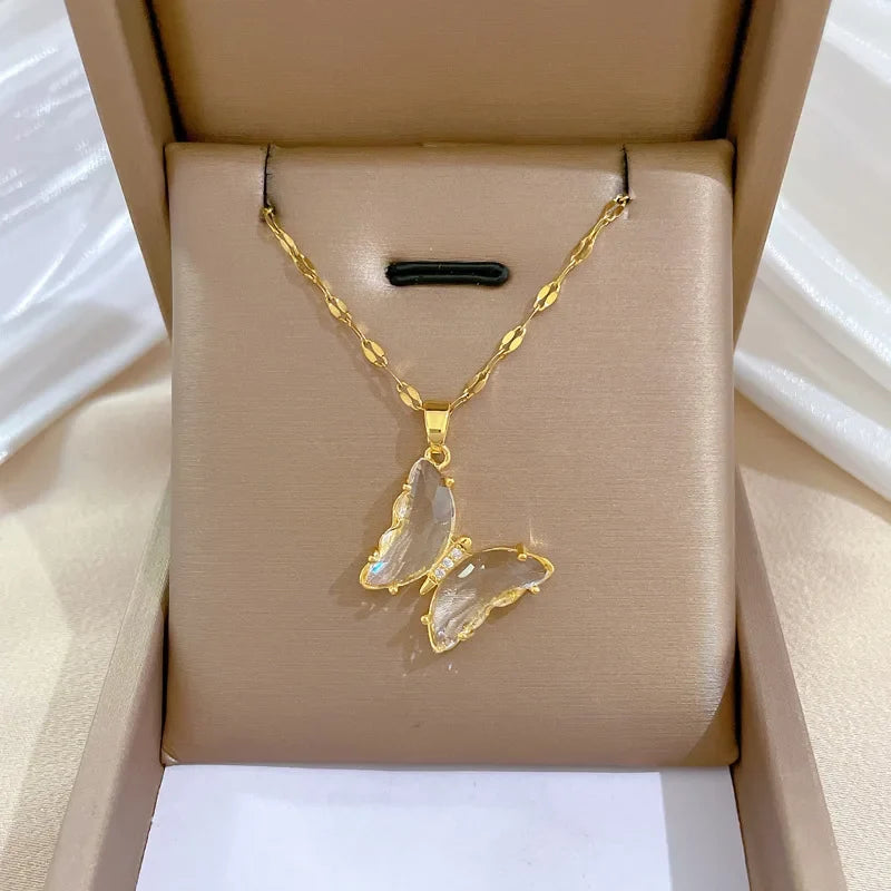 Butterfly Crystal Pendant, worn at the neckline