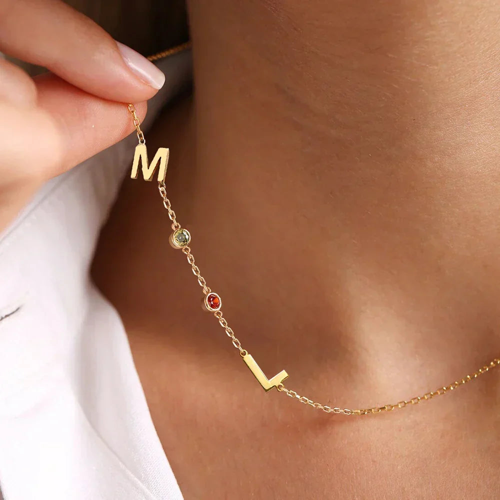 Birthstone and Initials Necklace, worn, side view