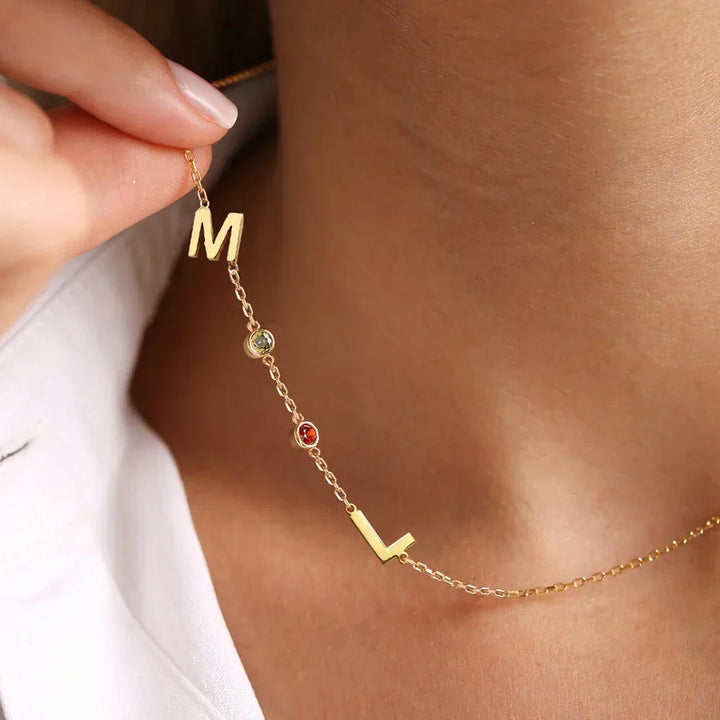 Birthstone and Initials Necklace, worn, side view