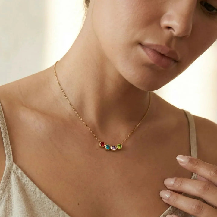 Loved Ones Birthstone Necklace, worn at the neckline 2