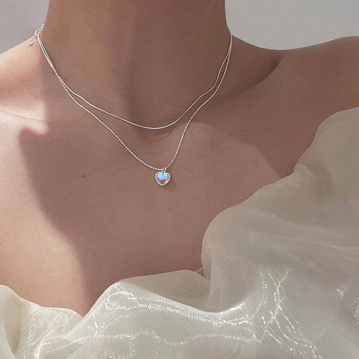 Moonstone Heart Necklace, styled on the model