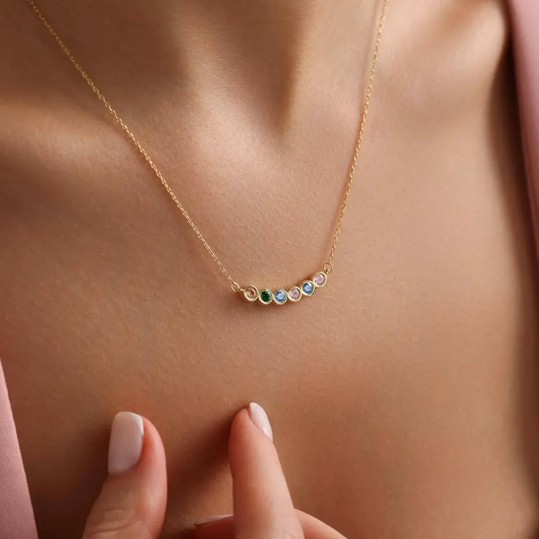 Loved Ones Birthstone Necklace, shown on the model
