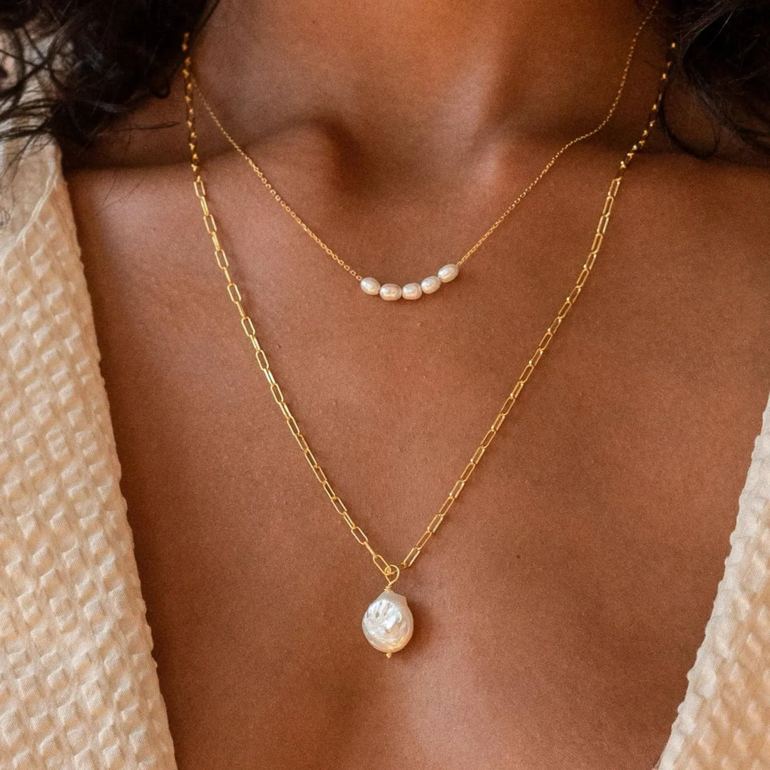 Pearl Light Necklace, close-up while worn