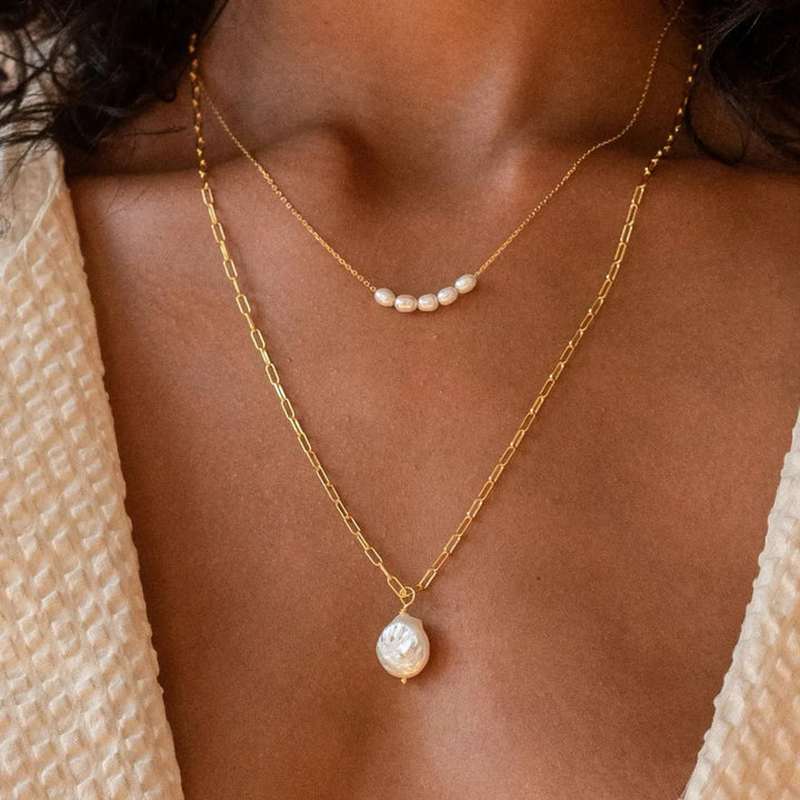 Pearl Light Necklace, close-up while worn