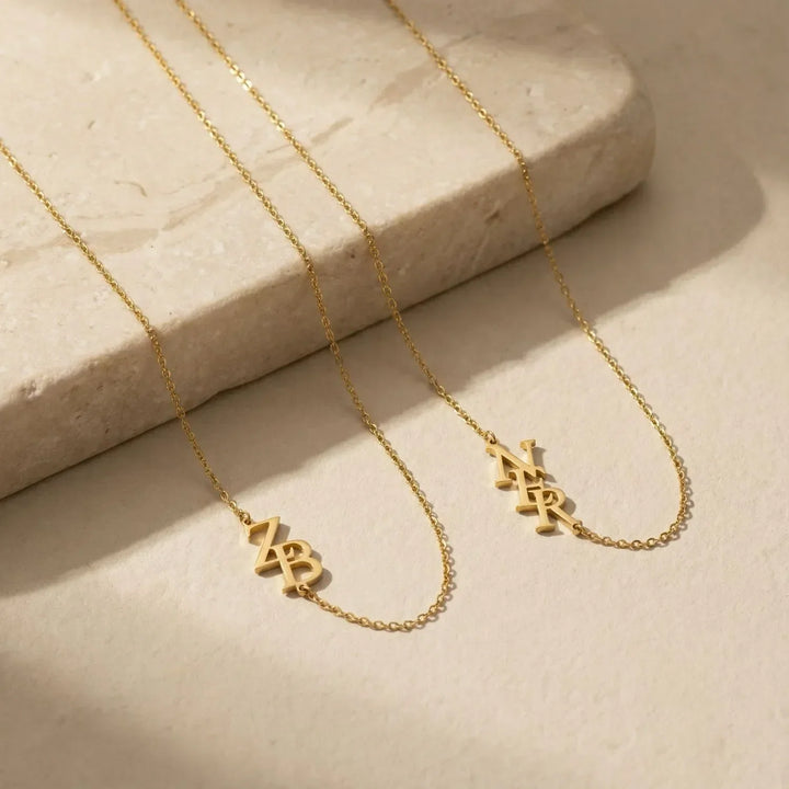 Alovia Initials Necklace, close-up while worn