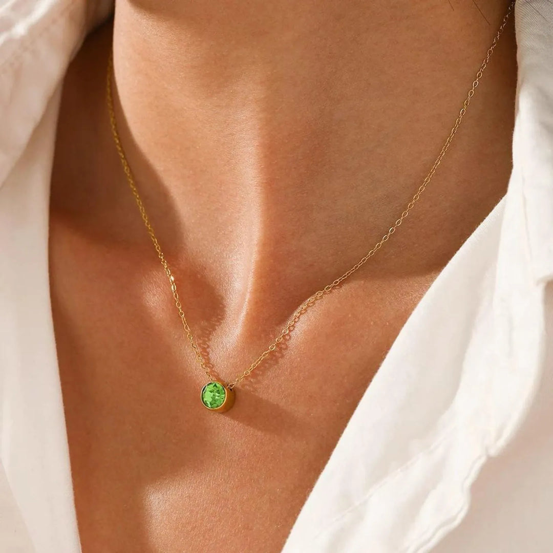 Olvera Birthstone Necklace, styled on the model