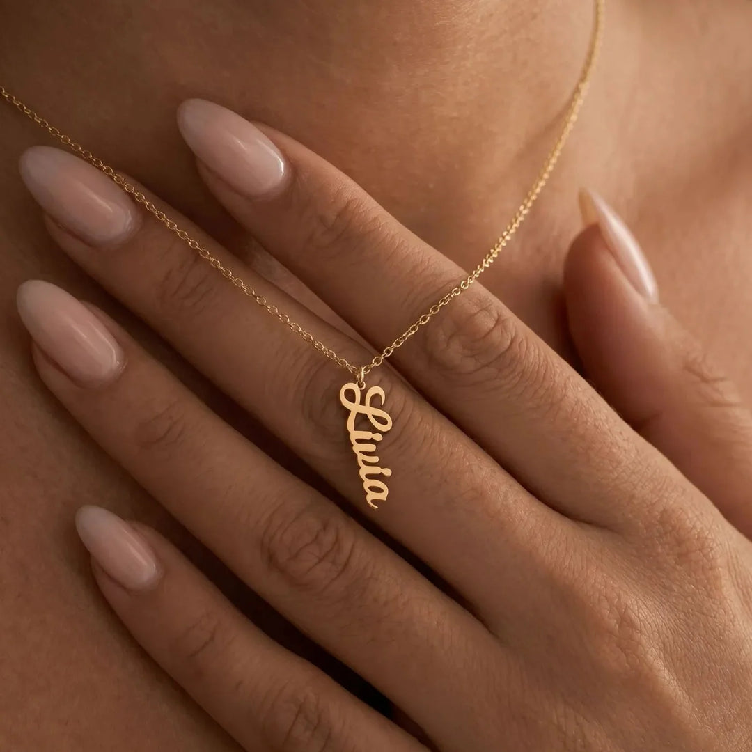 Liana Vertical Name Necklace, shown on the model