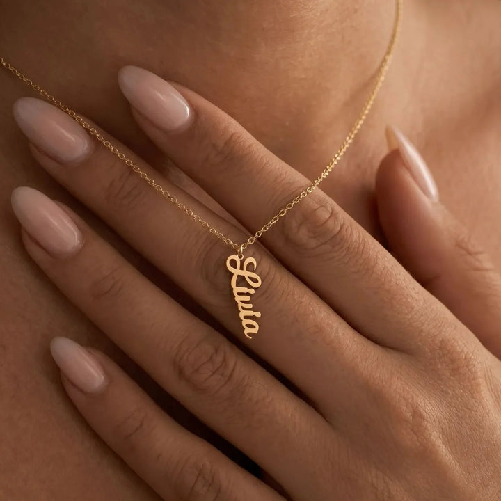 Liana Vertical Name Necklace, shown on the model