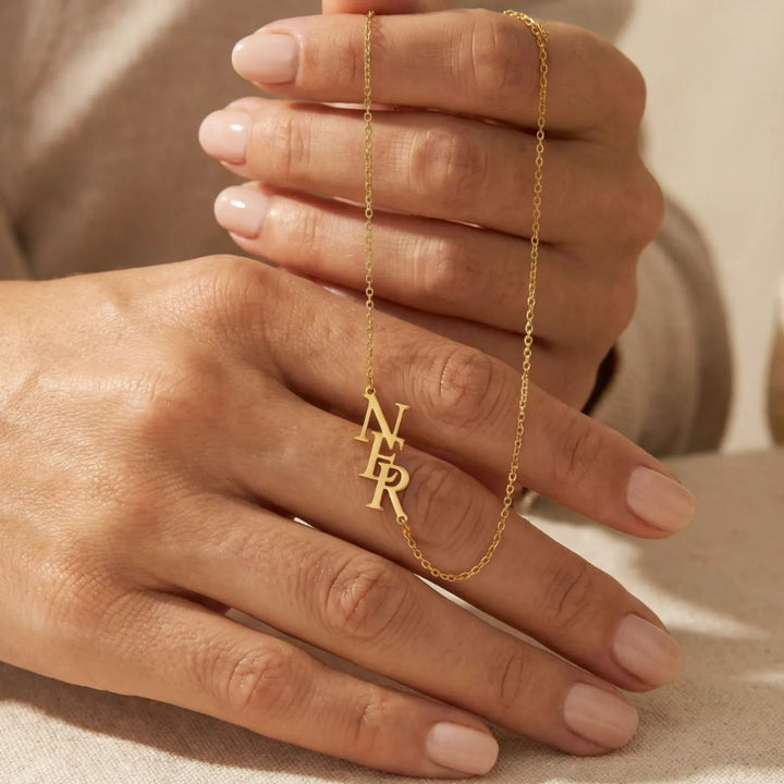 Alovia Initials Necklace, worn, side view