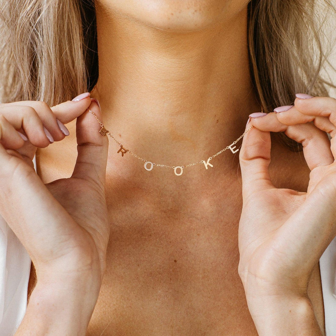 Sofia Personalised Name Necklace, worn at the neckline 2