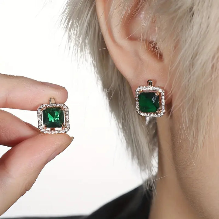 Emerald Earrings with Green Square Stones | Gold-Tone