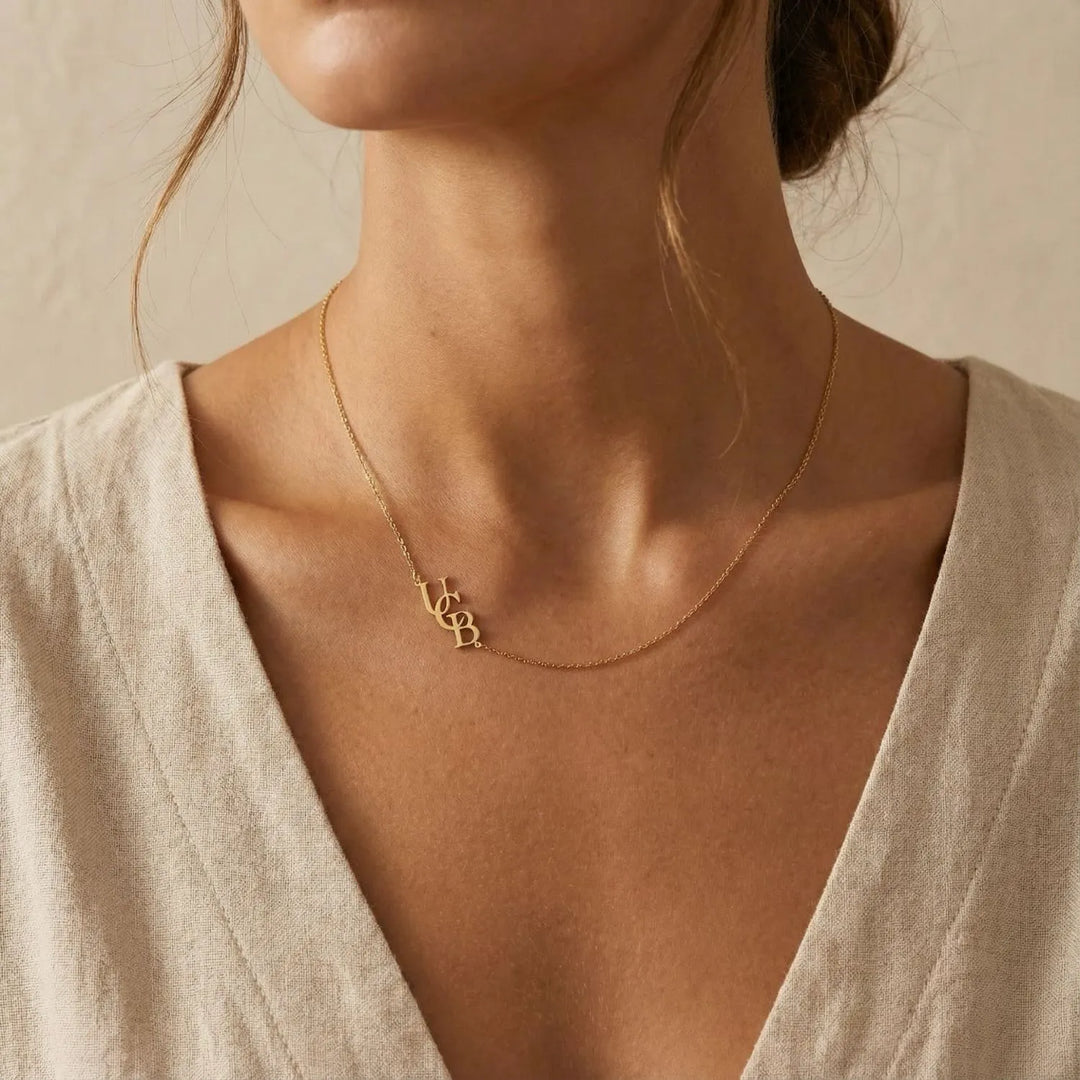 Alovia Initials Necklace, worn at the neckline