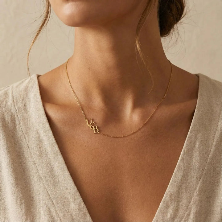 Alovia Initials Necklace, worn at the neckline