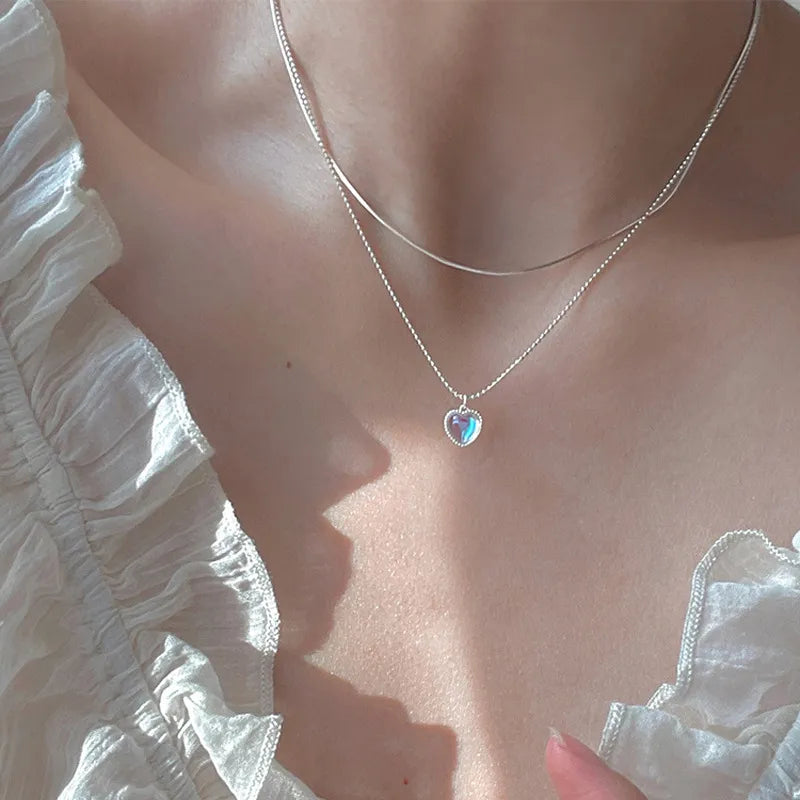 Moonstone Heart Necklace, worn at the neckline