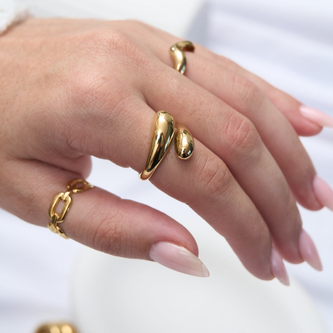 Bora Sculptural Ring, styled on the hand