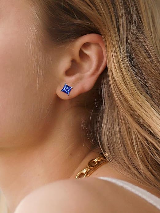 Minimalist Princess-Cut Sapphire Stud Earrings | Silver-Tone