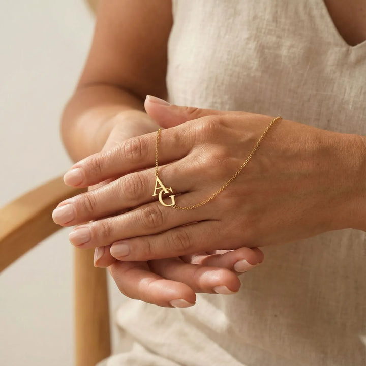 Alovia Initials Necklace, shown on the model 2