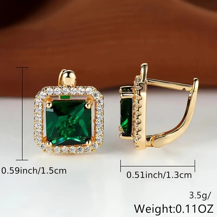 Emerald Earrings with Green Square Stones | Gold-Tone