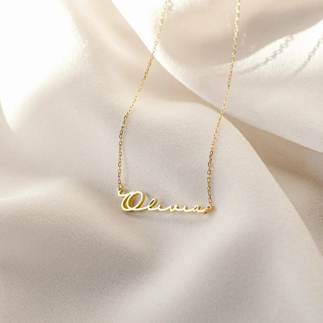 Connection Name Necklace, close-up while worn