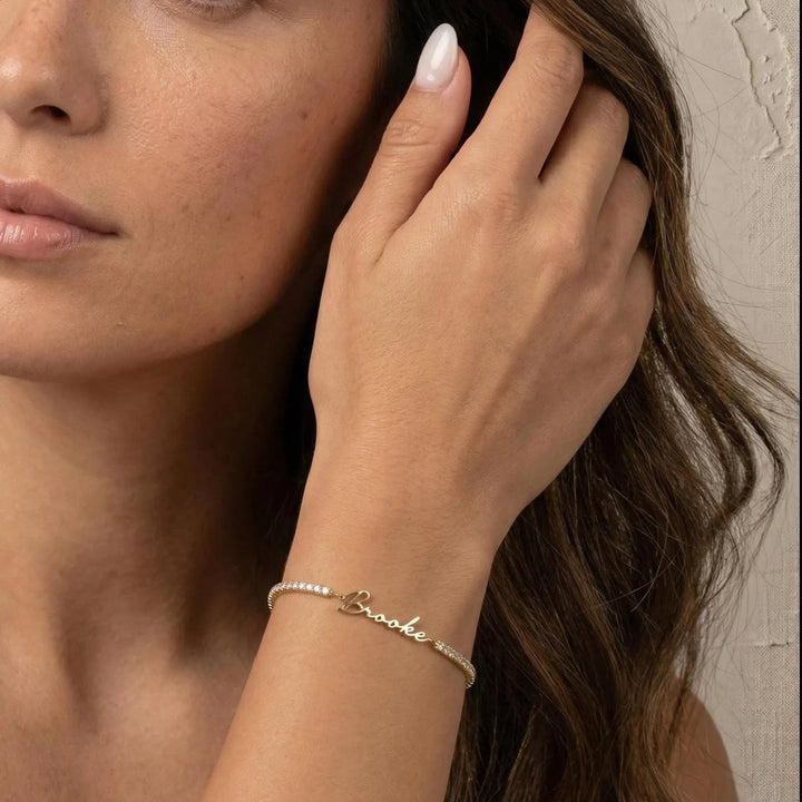 Zircone Personalised Name Bracelet, styled on the wrist