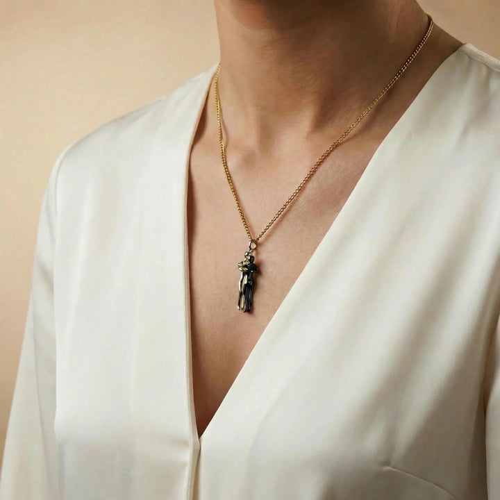 Loves Embrace Necklace, close-up while worn 2