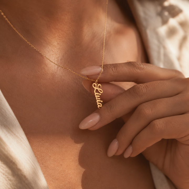 Liana Vertical Name Necklace, close-up while worn