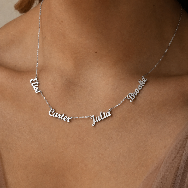 Elisa Four Name Necklace, worn at the neckline