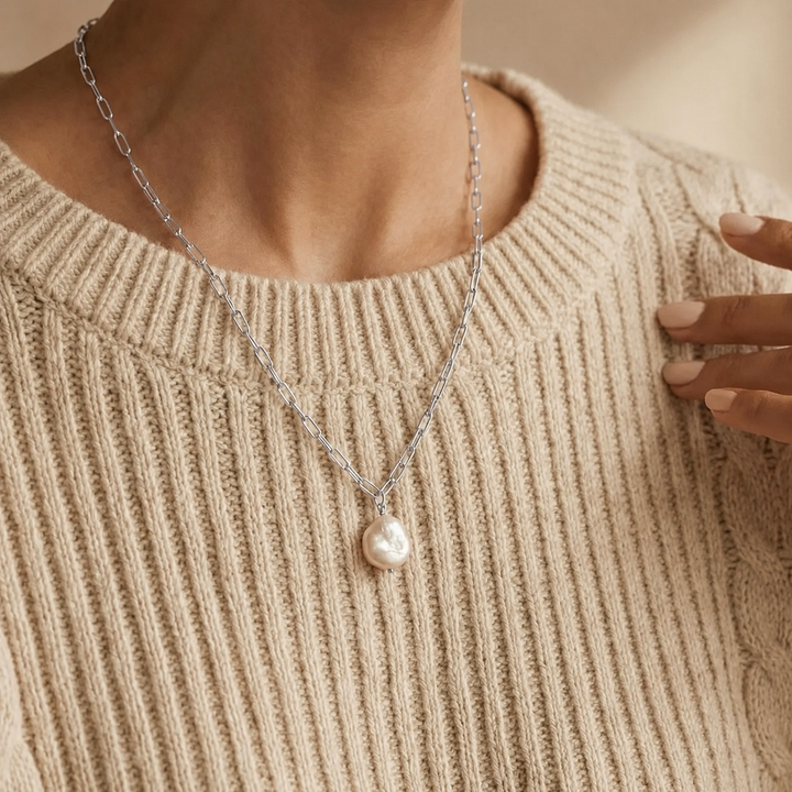Rivia Chunky Pearl Necklace, styled on the model
