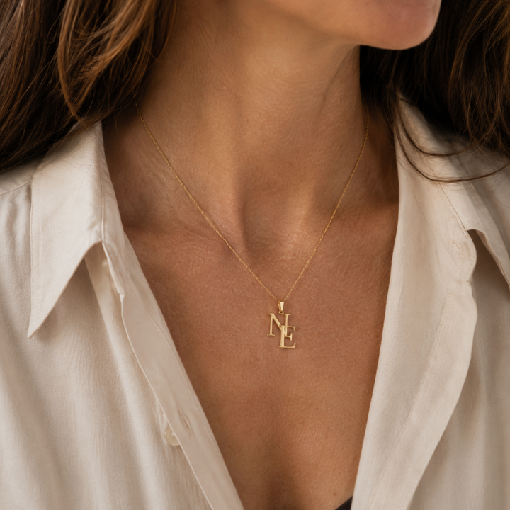 Loved Ones Initials Necklace, worn at the neckline