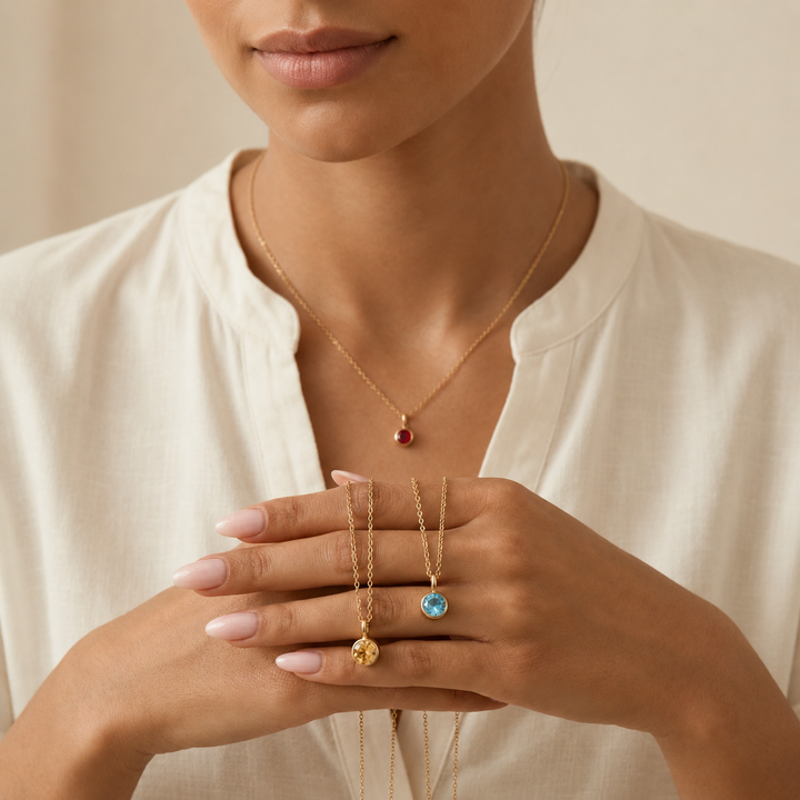 Olvera Birthstone Necklace, close-up while worn