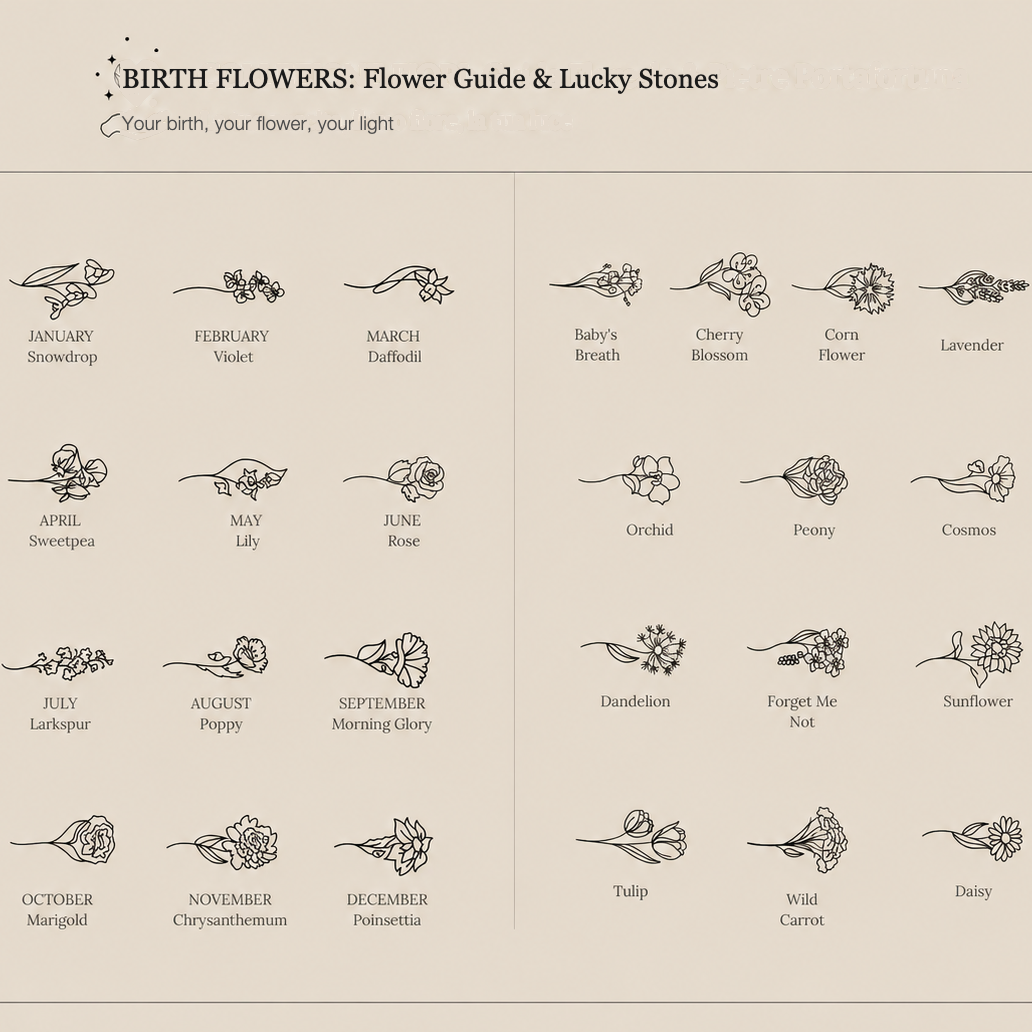 Birth flower guide with the flower and lucky stone for each month