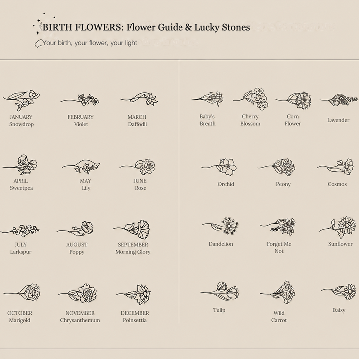 Birth flower guide with the flower and lucky stone for each month